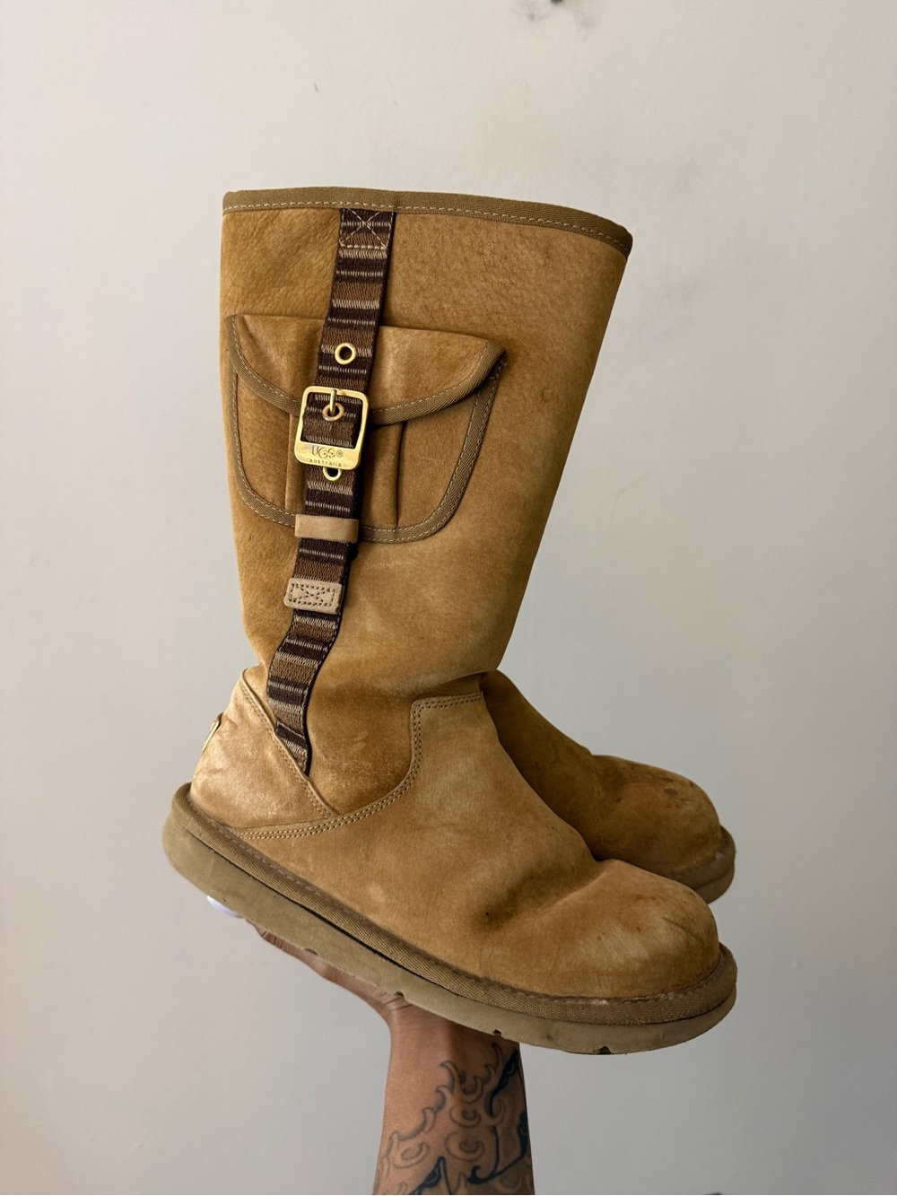 UGG Retro Side Pocket Tan Suede Mid-Calf Boots with Buckle Strap